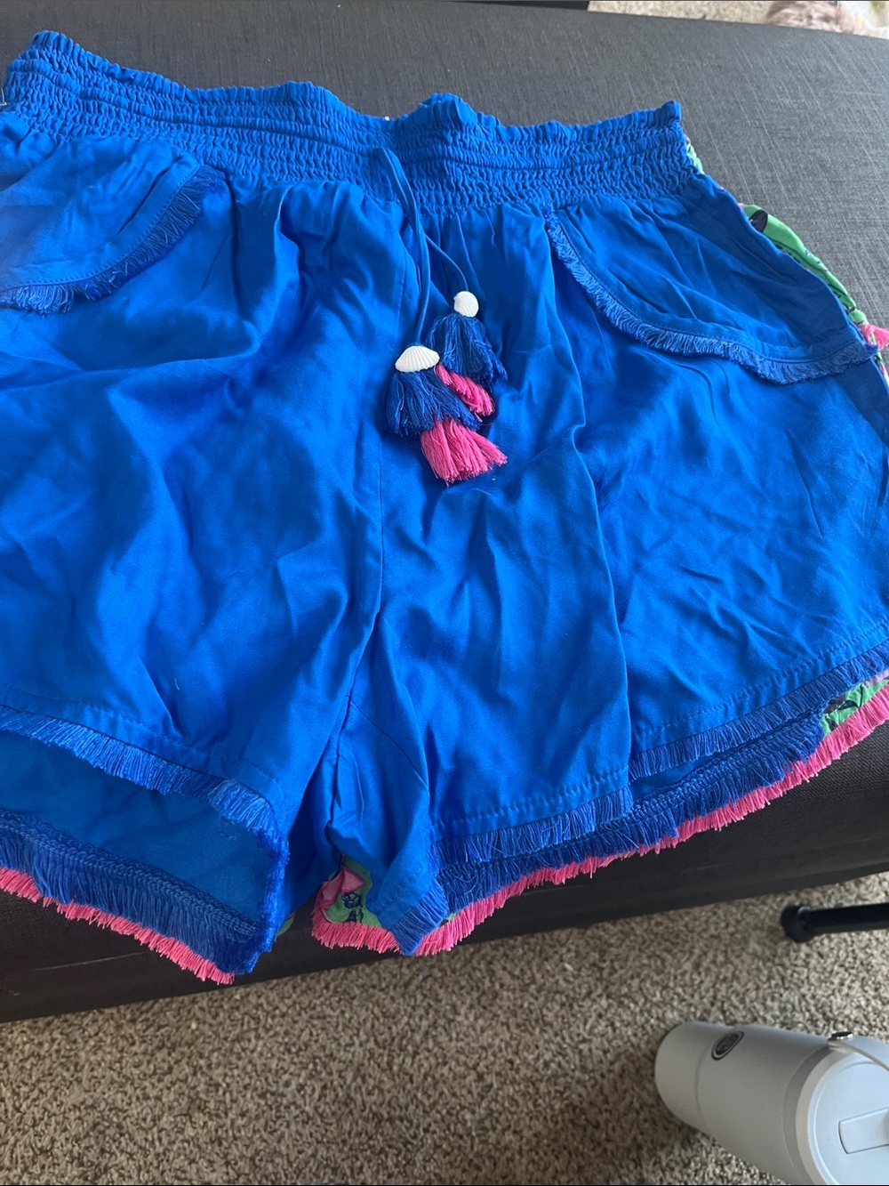 Japna Royal Blue High-Waist Tassel Shorts and floral print 100 rayon